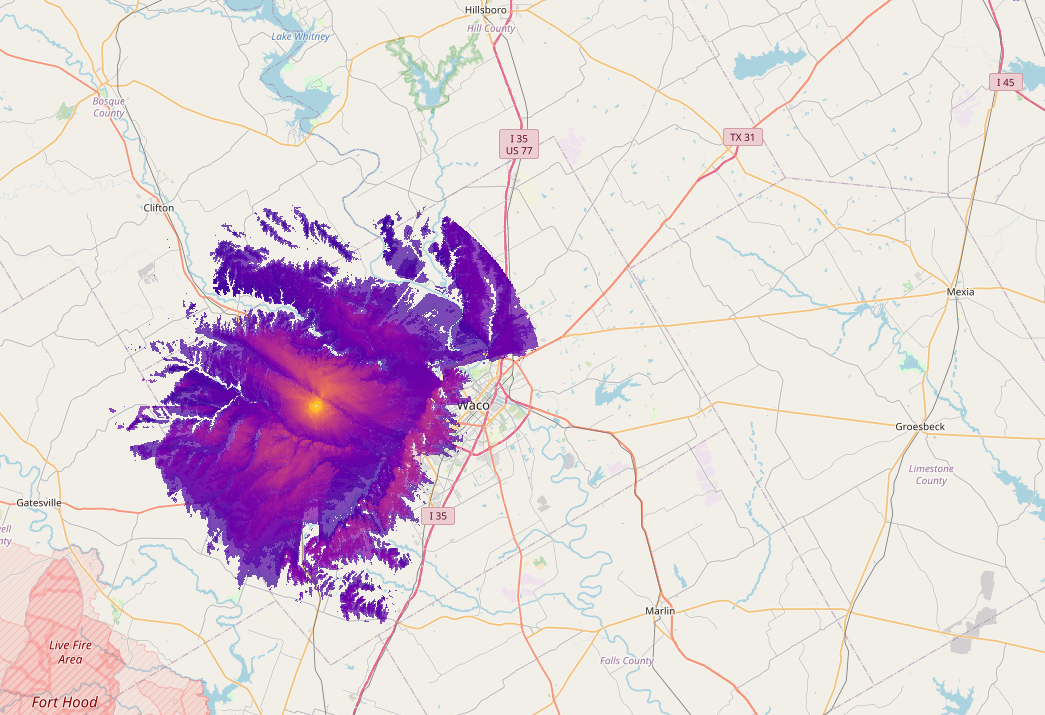 Range to mesh nodes at 15 m